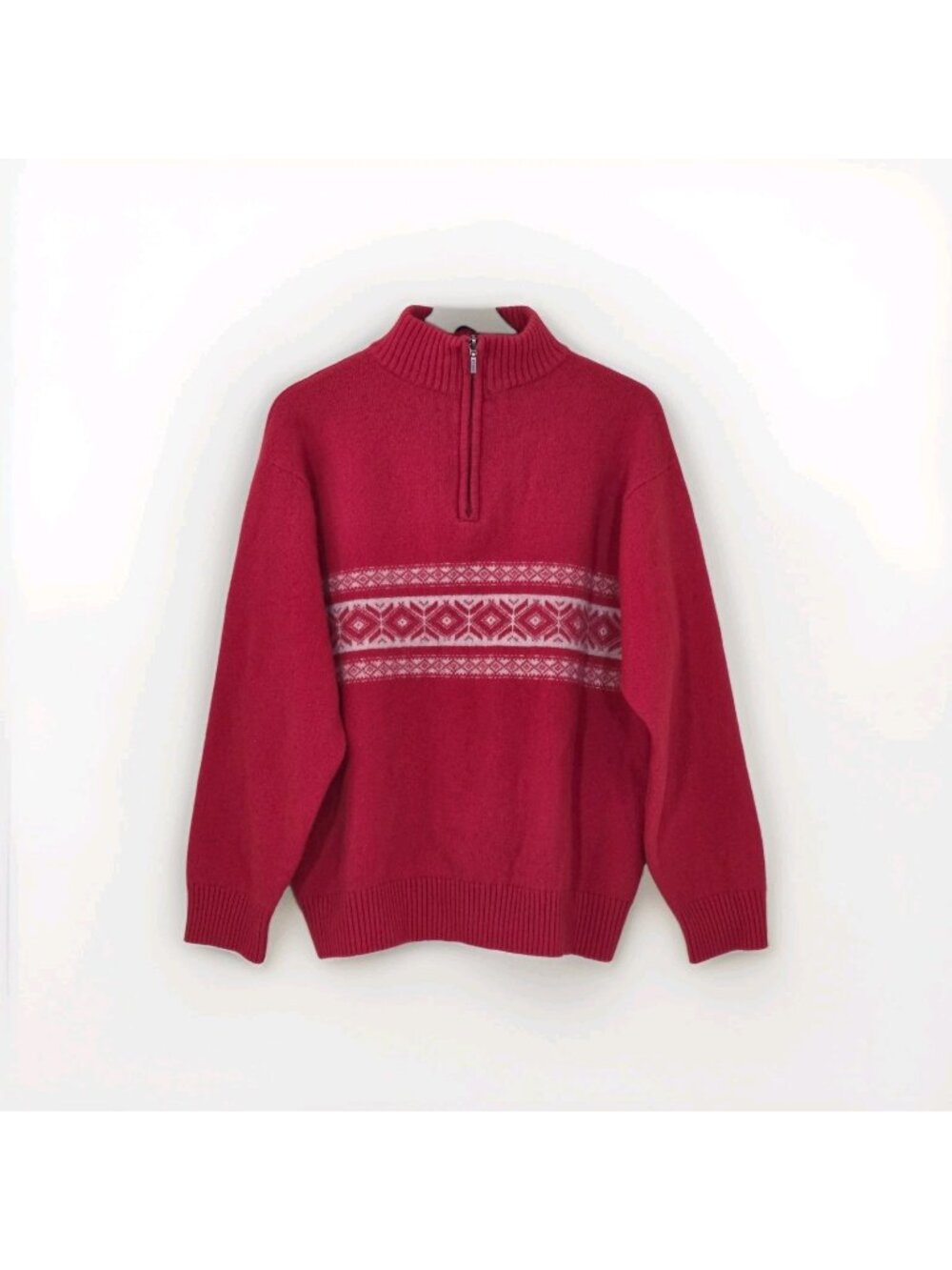 Riggins Lambswool Quarter Zip Sweater Mens XL / L Red Nordic Fair Isle Ski Edgy